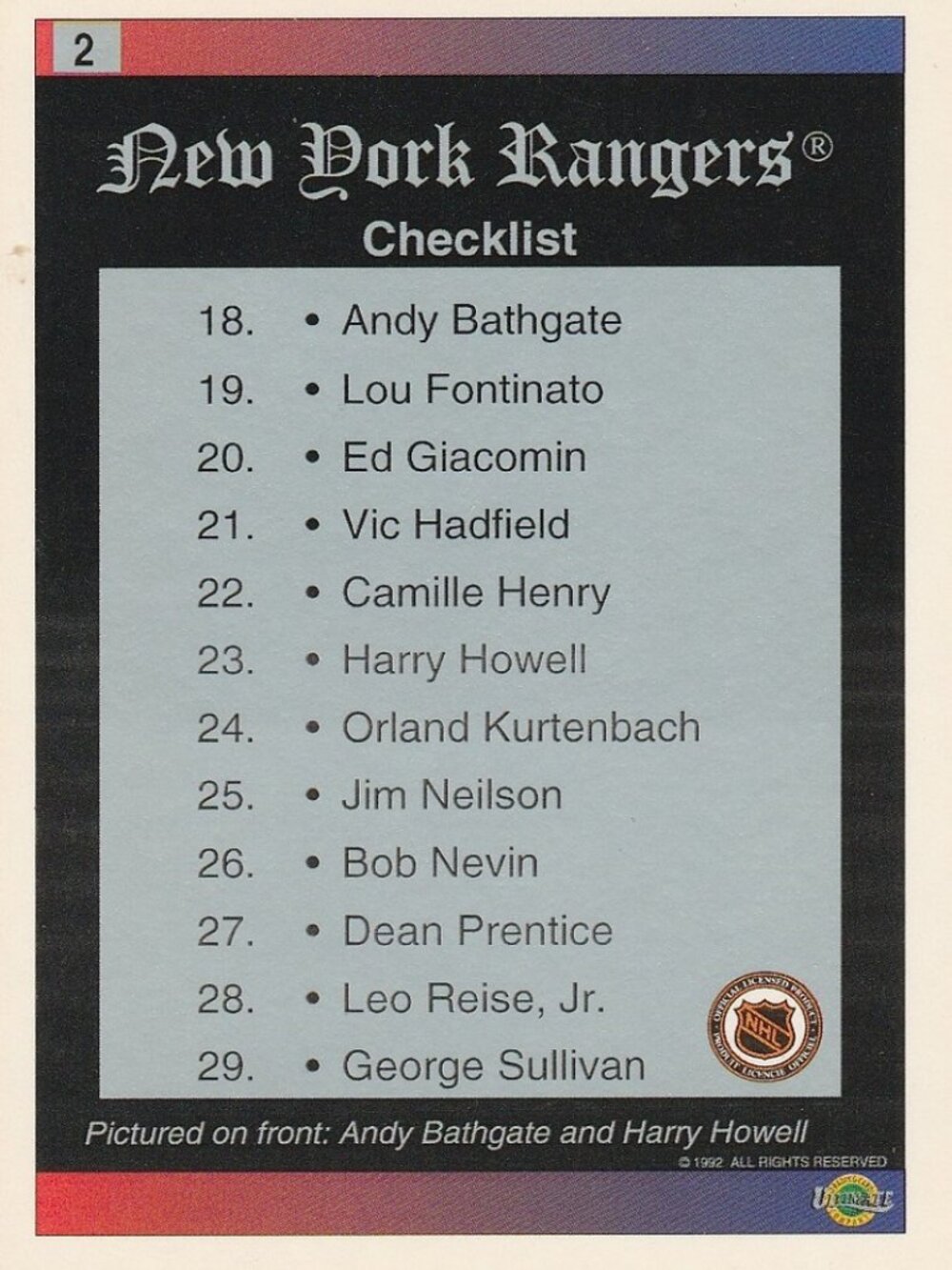 New York Rangers Checklist - Picture 2 of 2
